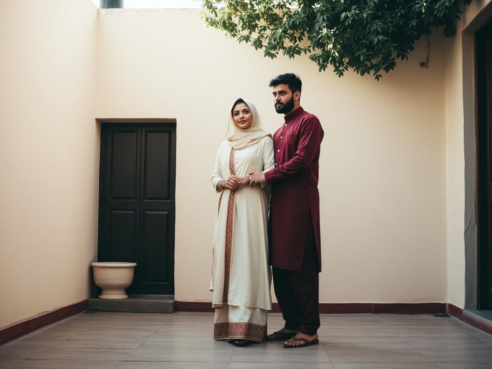A married couple standing together in a sunlit courtyard
